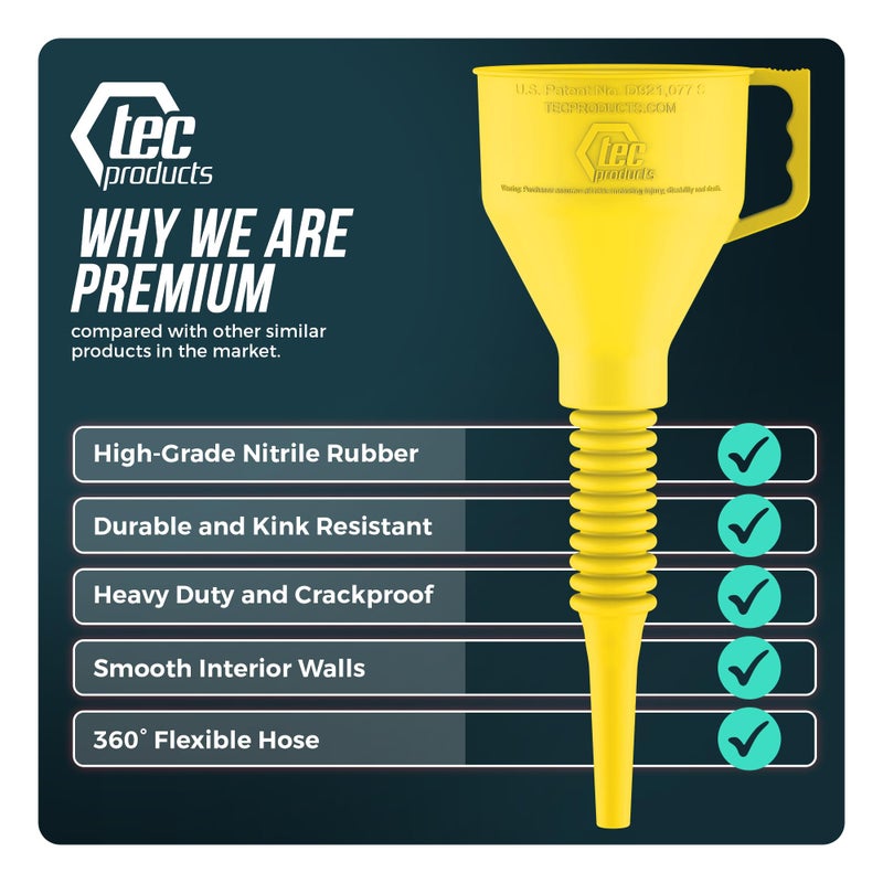 TEC Products FlexAll Long Flexible Funnel for Automotive Use - Durable Nitrile Rubber - Ideal for Car Oil Change  Transmission Funnel Fluid  Diesel  Fuel  Gas - Made in USA - Yellow (16 x 5 Inches) - Image 3